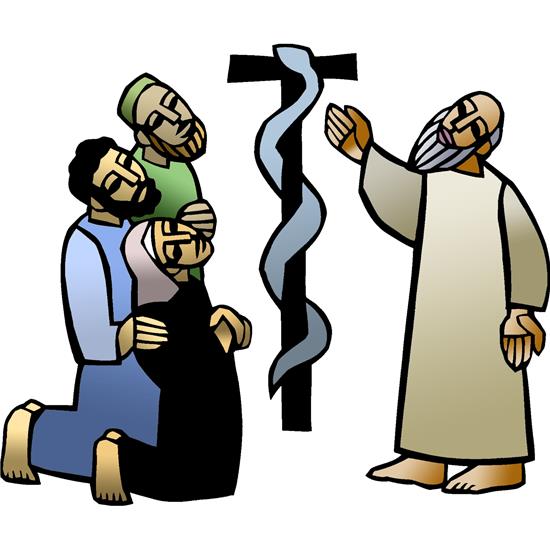 Moses lifts a staff with a serpent on it, that the Israelites might live. (Numbers 21)