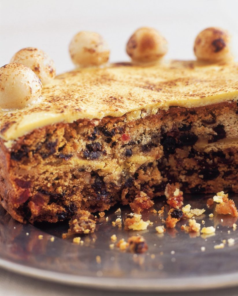 A simnel cake, cut in half.