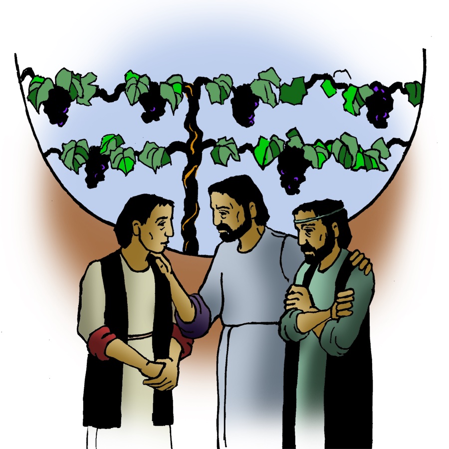 Jesus speaks with two people in front of grape vines in fruit