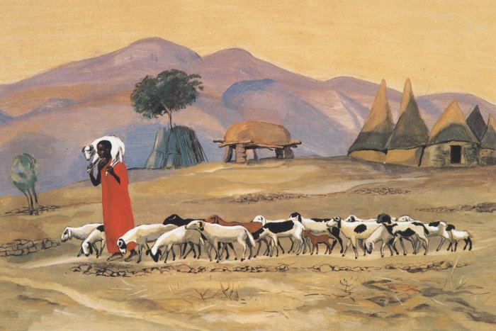 A painting from the Mafa Community - Jesus leads sheep, carrying one on his shoulders.