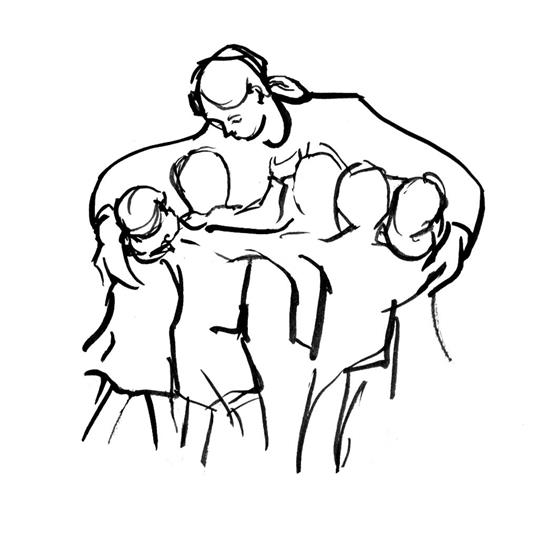 Pen & Ink sketch: A mother draws five children into an embrace.