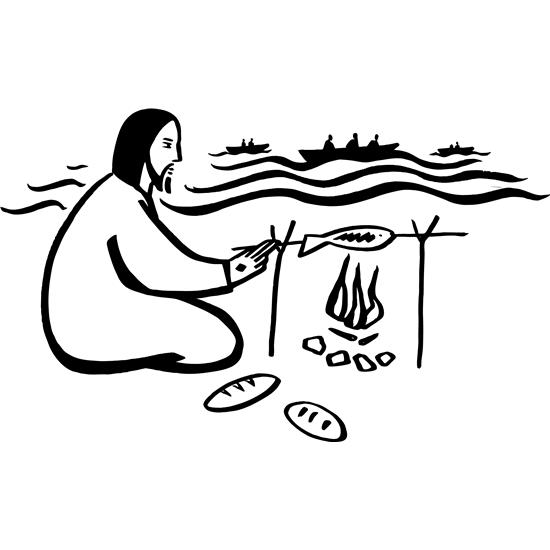 Line drawing of Jesus grilling fish over a fire.