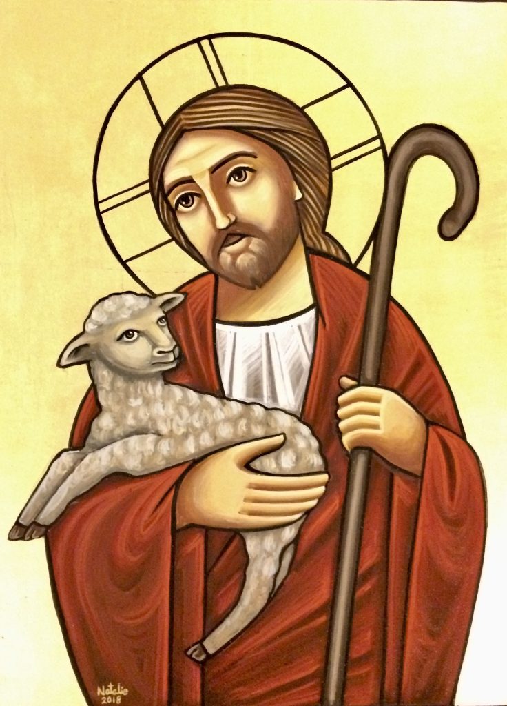 Coptic Icon of Christ the Good Shepherd: Jesus holds a pastoral staff in his left hand, and carries a small lamb with his right arm.