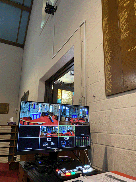 The video control board for streaming, at the back of the church