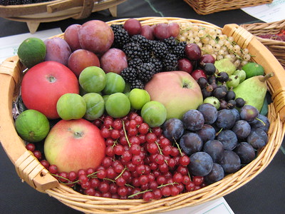A photo of a basket filled with fruits and berries.