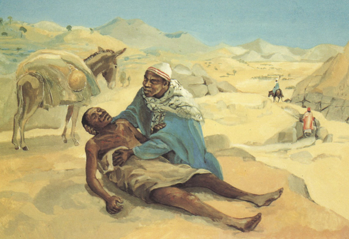 A merciful Samaritan assists a man who has been beaten and robbed, as a priest and a Levite pass by in the distance