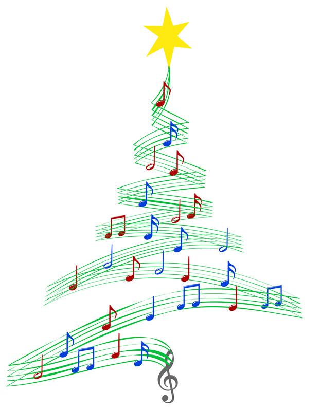 A Christmas tree--whose greenery is musical staff, whose base is a treble clef, and whose ornaments are musical notes.