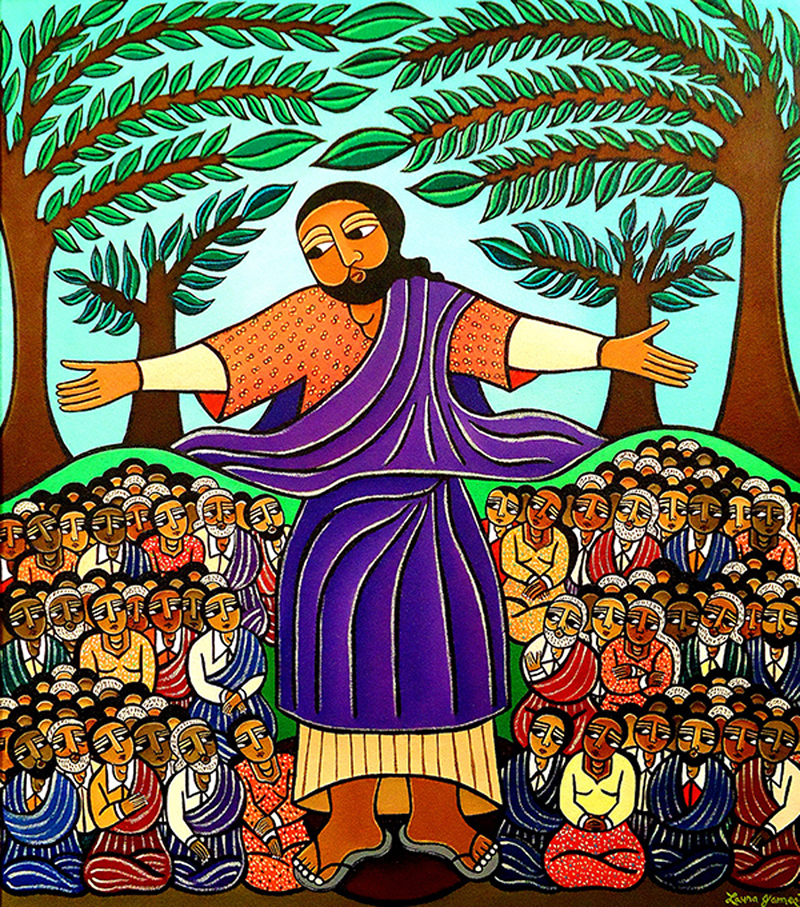Jesus preaches the sermon on the mount, an image by the artist Laura James (who has given permission for the non-commercial use of this image with attribution--thank you, Ms. James!)