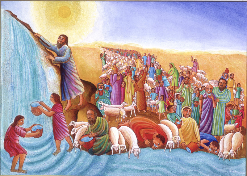 Swanson's painting "Moses" depicts Moses leading the Israelites through the parting of the Red Sea.