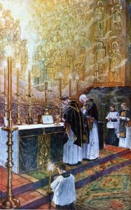 Our cover image this morning is the painting “The Place of Meeting: by Thomas Noyes Lewis (1862—1946). It depicts the priest’s communion at the requiem mass, and, in the cloud of incense above, military figures. Those in the front row (including a sailor and a chaplain) wear First World War uniforms; each rank behind them takes the viewer further back into the past.