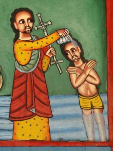 A picture of an Ethiopian mural depicting John baptizing Jesus.