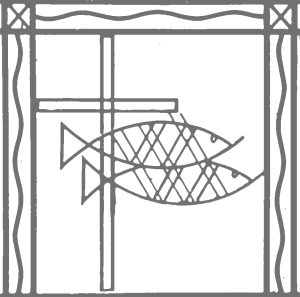 Decorative image of a cross with two fish.