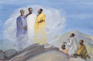 An image of the Transfiguration: Jesus, robed in white, stands with Moses and Elijah while James, Peter, and John look on from the distance.