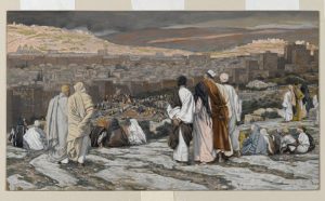 James Tissot's watercolour of the "Disciples, having left their hiding place, watch from afar in agony."