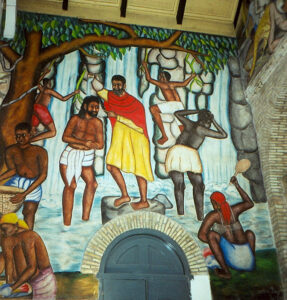 A mural of John baptizing Jesus, from the Cathedral of the Holy Trinity in Port-au-Prince, Haiti.