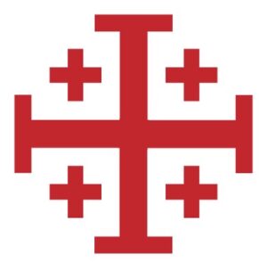 A red Jerusalem cross: a large Greek cross in the middle, with smaller Greek crosses in each of the four quadrants.