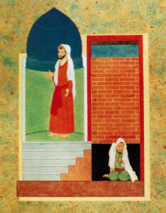 On the left, a man stands openly praying to God; on the right, a man on his knees beats his chest while praying for mercy.