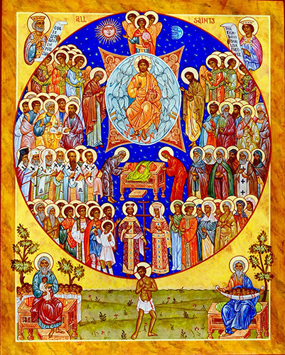 A Greek Orthodox icon of All Saints: innumerable saints on a blue circle.