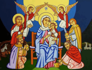 A Coptic icon: Mary holds the child Jesus while Joseph stands behind, and the Magi offer their gifts.
